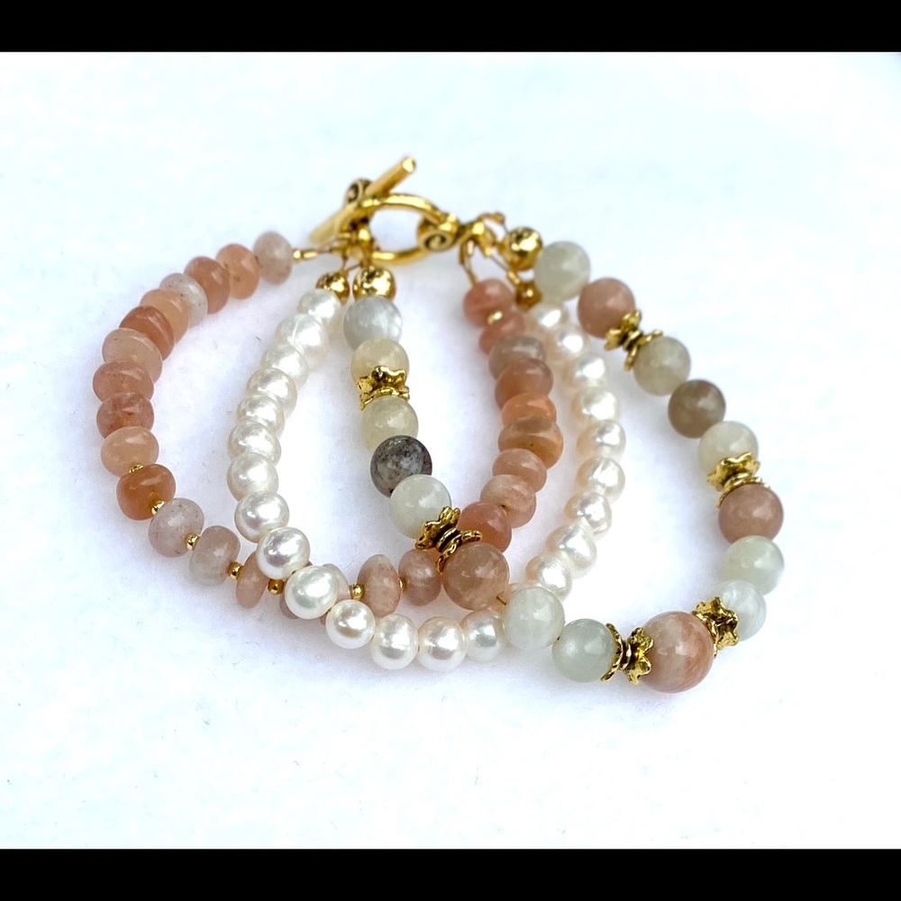 Moonstones & Pearls Peach White Gray Gemstones Bracelet Stack Triple Strand